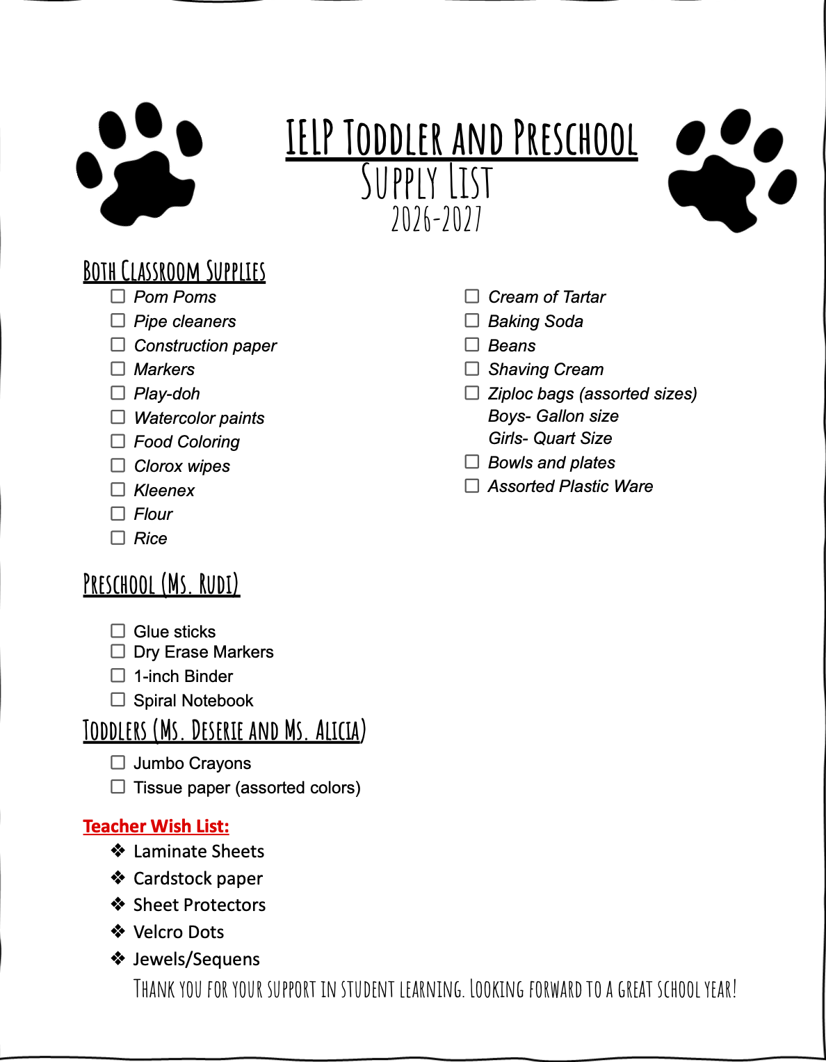 School Supply Lists